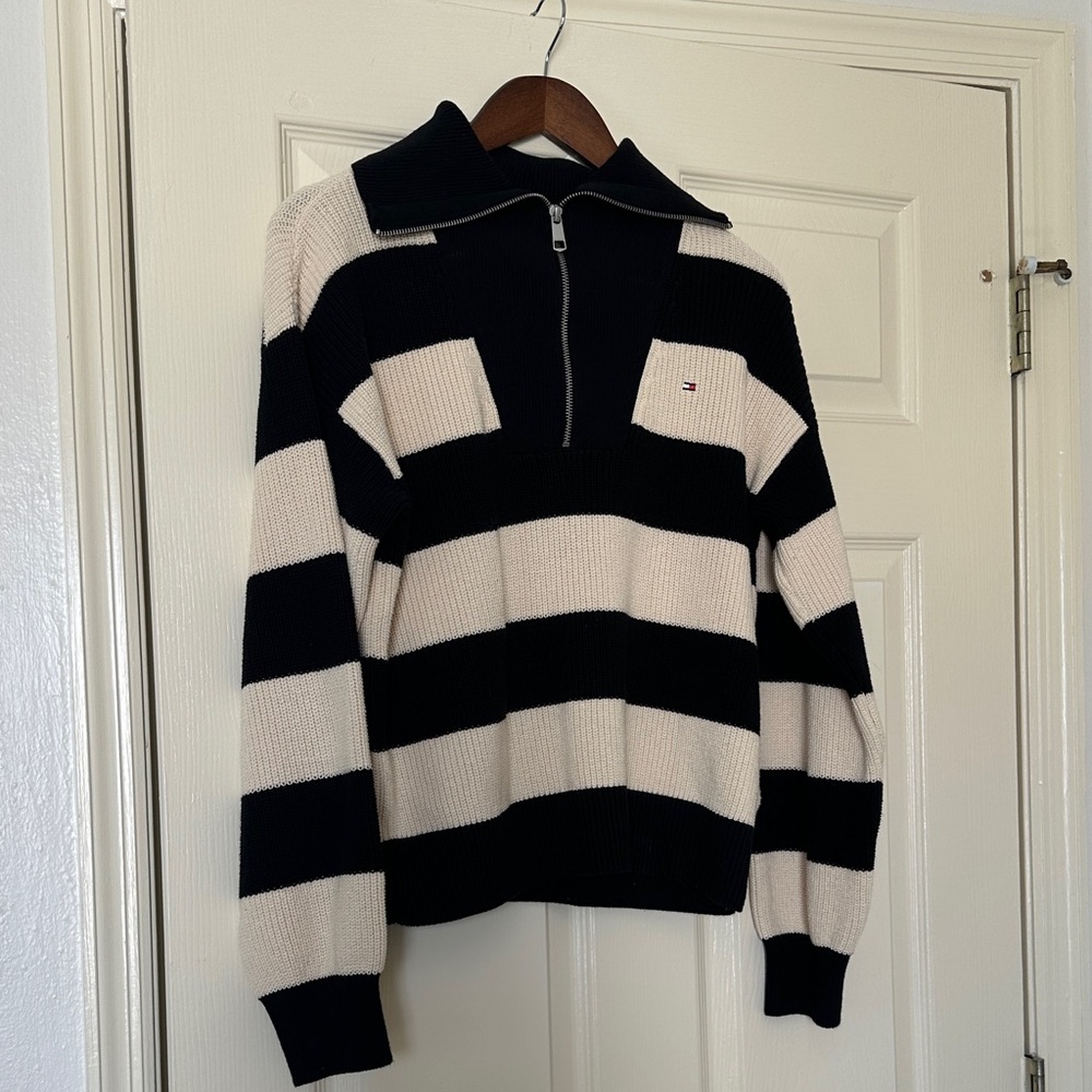 NWOT Tommy Hilfiger Half Zip Black and Cream Striped Sweater